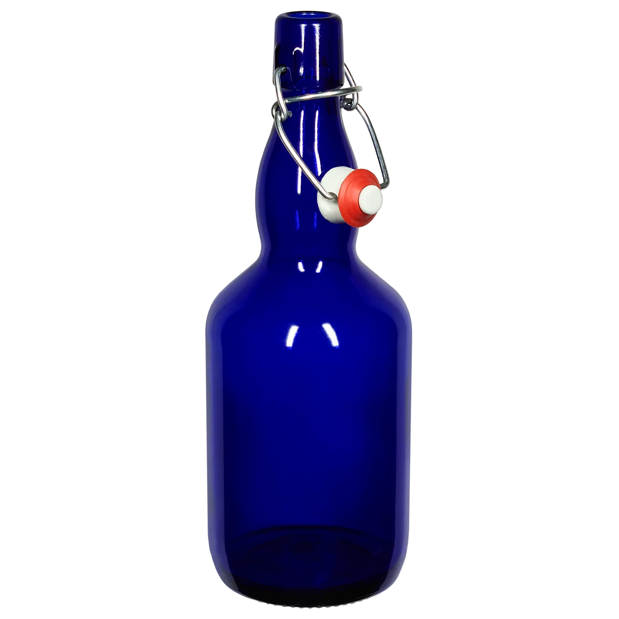 Dunkelblaue, fast undurchsichtige, Glasflasche. Die Flasche ist bauchig und hat einen längeren Hals. Der Bügelverschluss, mit einem weißen Keramikdeckel, ist geöffnet.