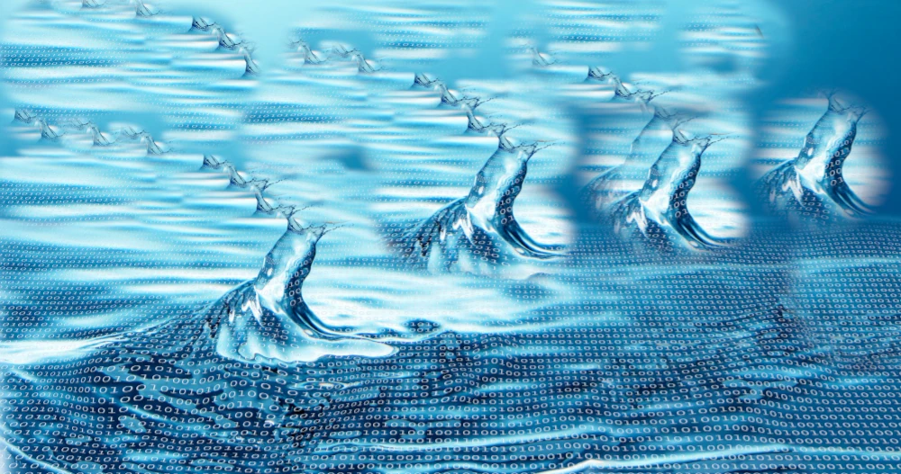 Bild aus Acalablogbeitrag:Wasser als Informationsträger. Wellen auf die eine Matris aus zahlen gelegt ist.