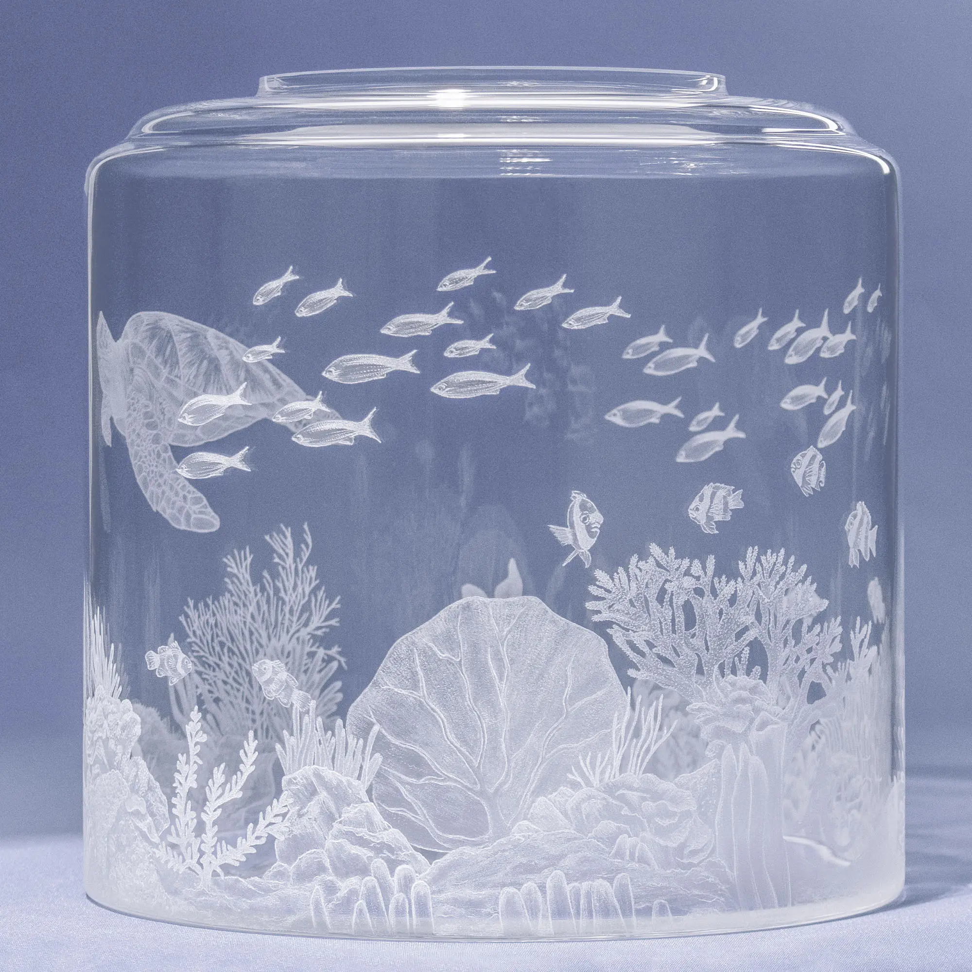 Auf dem Bild ist ein Wassertank für Acala Wasserfilter mit einer Handgravur die ein Riff mit Fischen,Korallen und einer schönen Schildkröte dargestellt wird,von Hinten