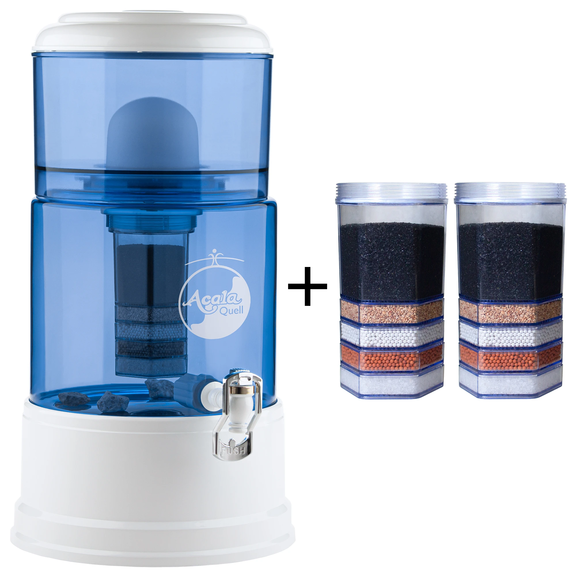 Zu sehen ist der Acala Wasserfilter Smart in blau-weiß inklusive einer Filterkartusche und einem Keramikfilter. Zusätzlich sieht man zwei Filterkartuschen. Das Bild zeigt das Einsteigerpaket für ein Jahr.