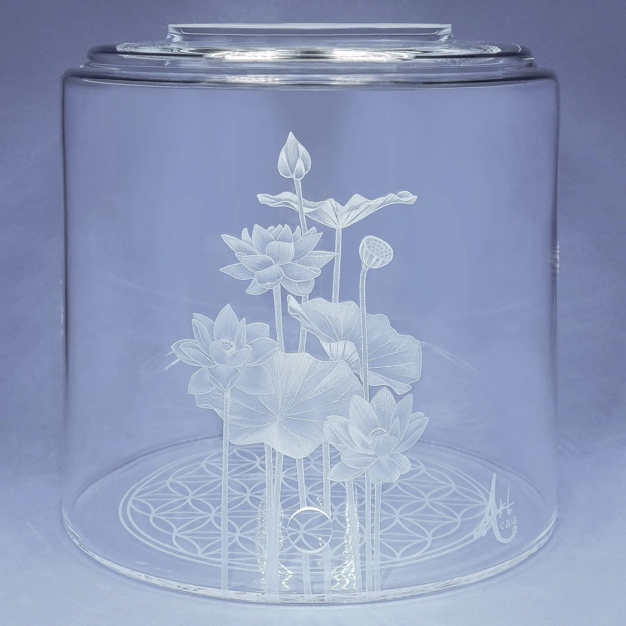 Vorratstank für Wasserfilter in klrem Glas mit Lotusblume Gravur
