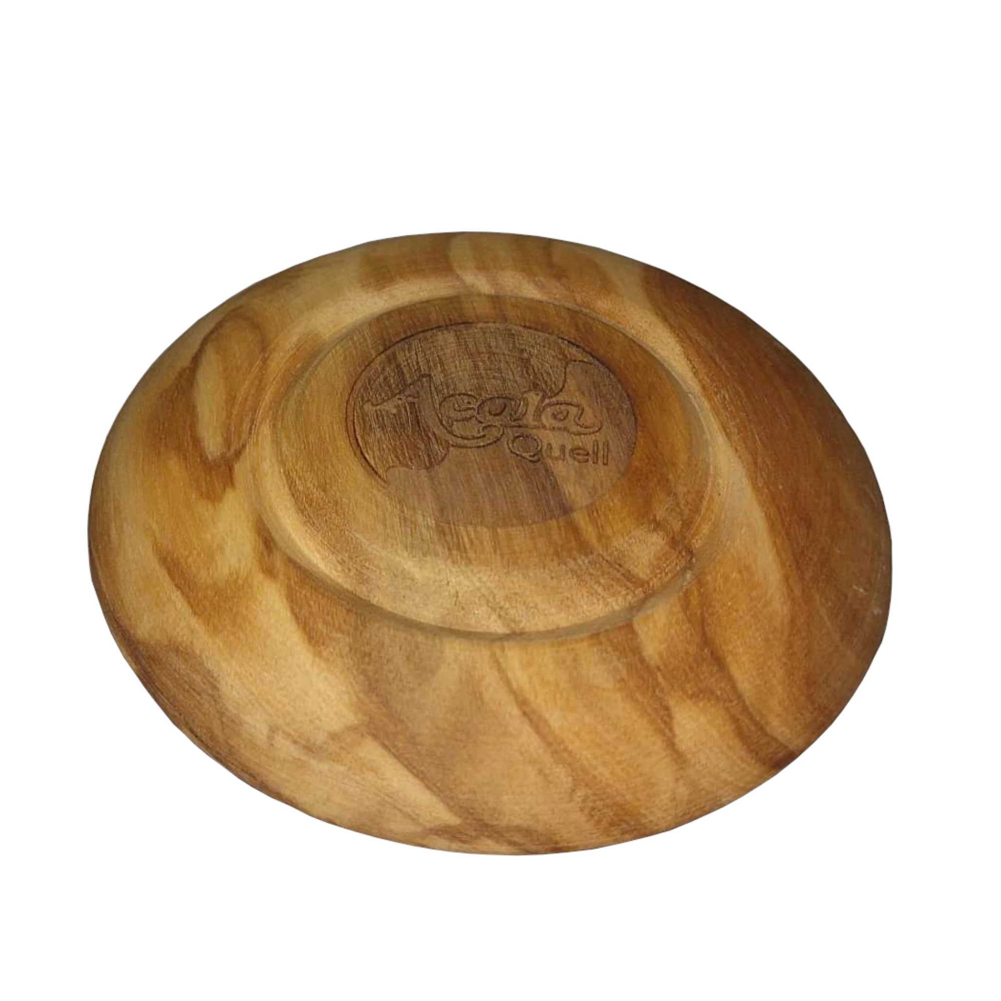 Zu sehen ist ein flacher Holzdeckel mit Acala Logo in Großaufnahme vor weißem Hintergrund. Das Bild zeigt den Deckel aus Olivenholz für den Cadus Krug von Acala.