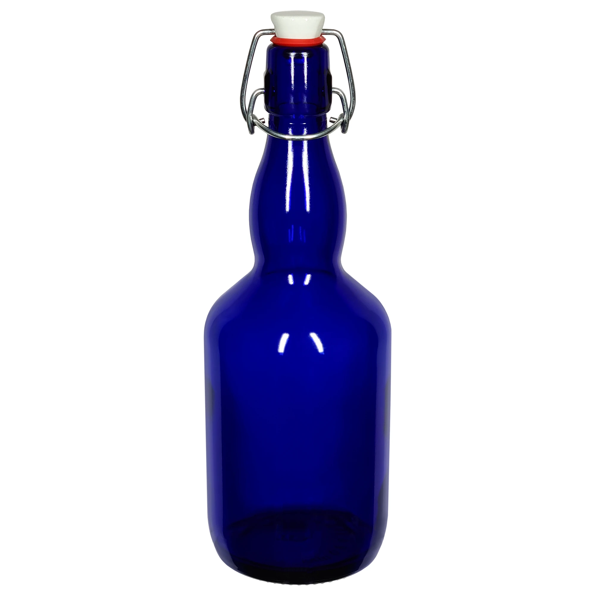 Dunkelblaue, fast undurchsichtige, Glasflasche. Die Flasche ist bauchig und hat einen längeren Hals. Der Bügelverschluss, mit einem weißen Keramikdeckel, ist geschlossen.