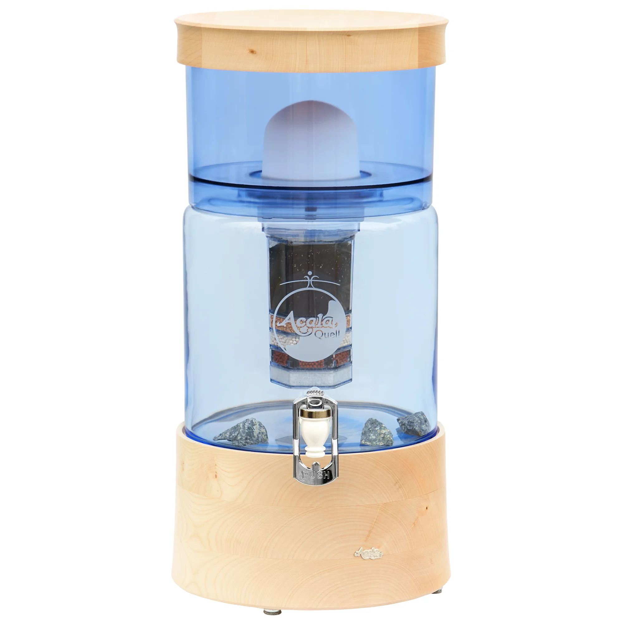 Zu sehen ist der Acala Stand Wasserfilter Smart in blau mit einer Filterkartusche, einem Keramikfilter und Hahn in weiß. Deckel und Sockel sind aus Ahorn Echtholz. Auf dem Sockel befindet sich ein kleines silbernes Acala Logo.