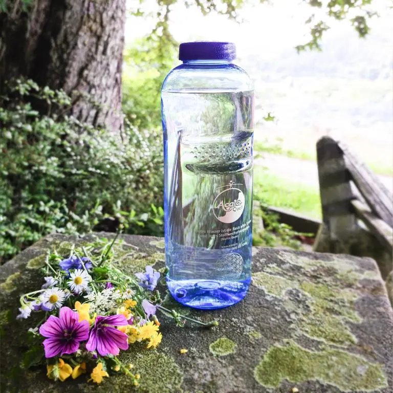 Zu sehen ist eine mit Wasser gefüllte blaue Tritan Trinkflasche. Sie steht auf einem Stein, im Hintergrund sieht man einen Baumstamm und eine grüne Wiese. Vor der Flasche liegen verschiedene bunte Blumen. Man sieht die Grip Flasche von Acala.