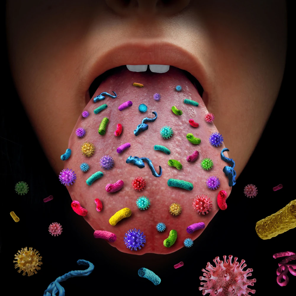 Bakterien auf Zunge grafisch sichtbar gemacht, das Bild ist ein Teil des Acalablogs Keimfeiheit eine Täuschung
