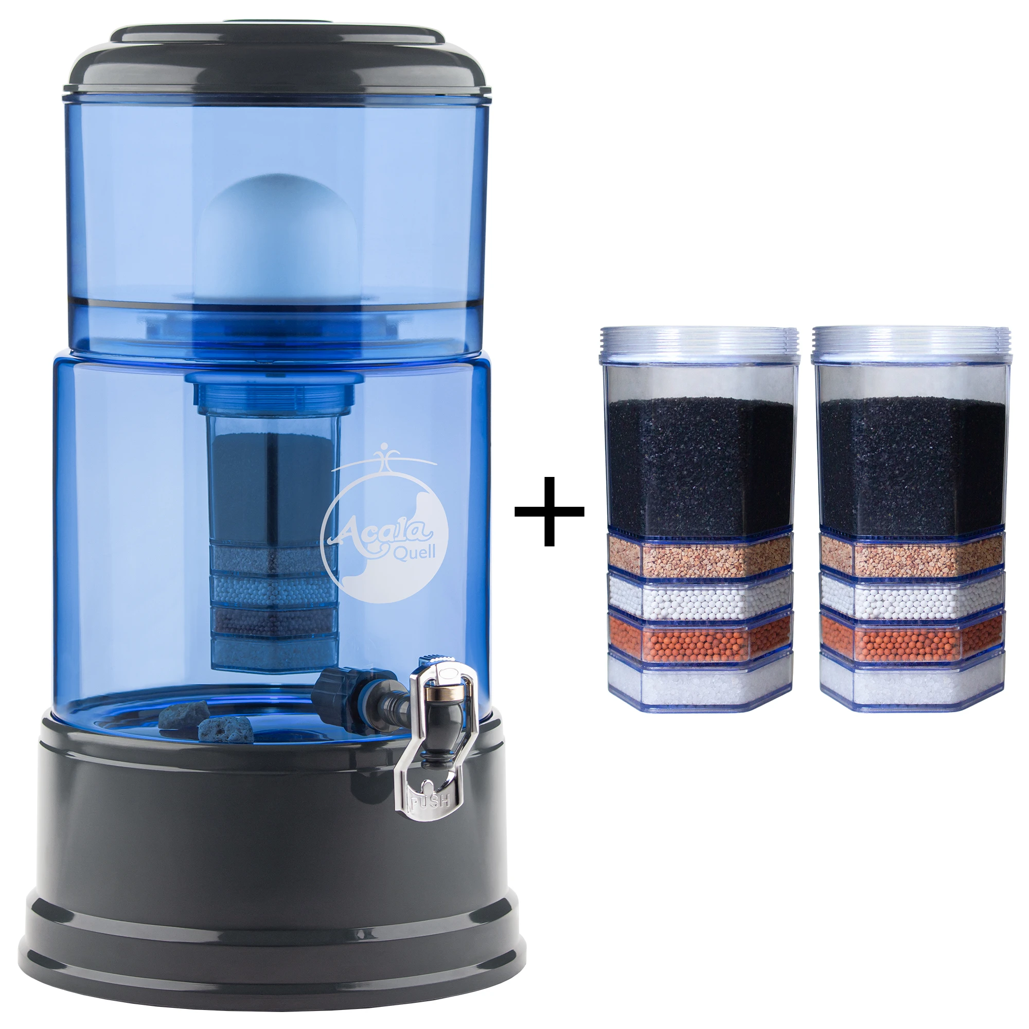 Zu sehen ist der Acala Wasserfilter Smart in blau-anthrazit inklusive einer Filterkartusche und einem Keramikfilter. Zusätzlich sieht man zwei Filterkartuschen. Das Bild zeigt das Einsteigerpaket für ein Jahr.