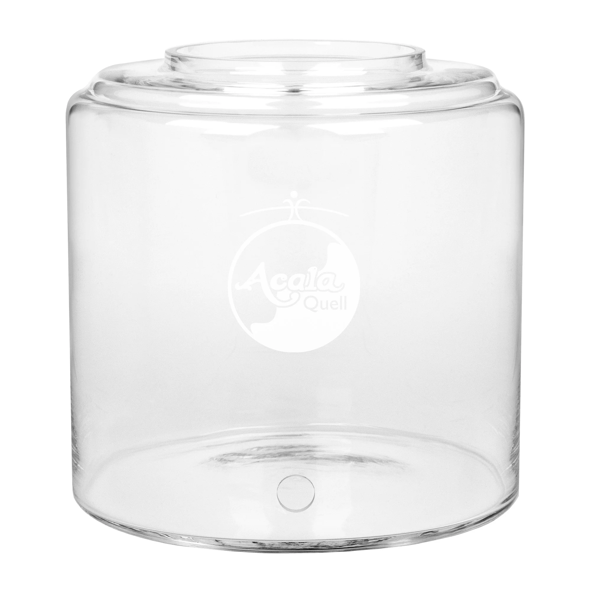 Zu sehen ist ein 8L Glastank für die Acala Stand Wasserfilter Smart, Luna und Advanced in kristallklar vor weißem Hintergrund. Er hat ein Bohrloch für den Wasserhahn und darüber sieht man das AcalaQuell Logo in weiß, welches auf den Tank graviert ist.